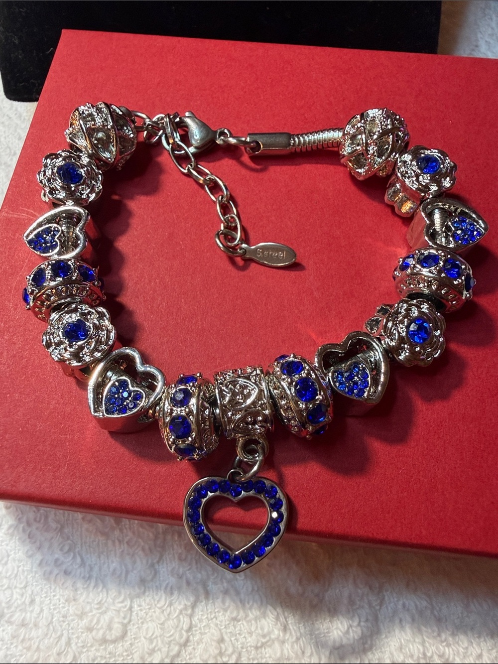 Silver-Tone Heart Charm Bracelet with Royal Blue Crystals